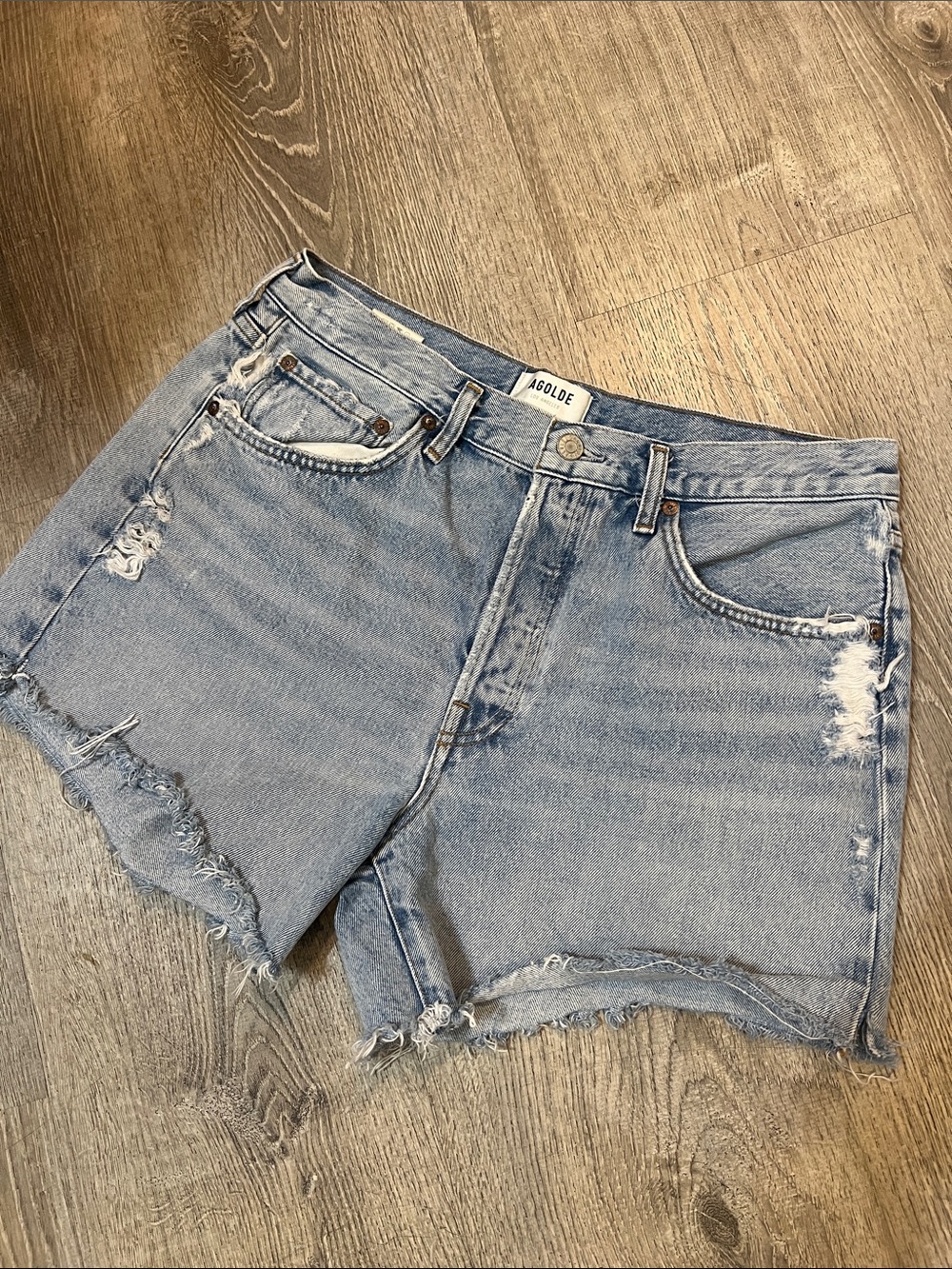 AGOLDE Parker Long Light Blue Distressed Denim Shorts size 30